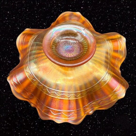 Fenton Glass Stippled Rays Scale Band Exterior Iridescent Bowl Marigold 6.5”W 2” - Picture 6 of 12